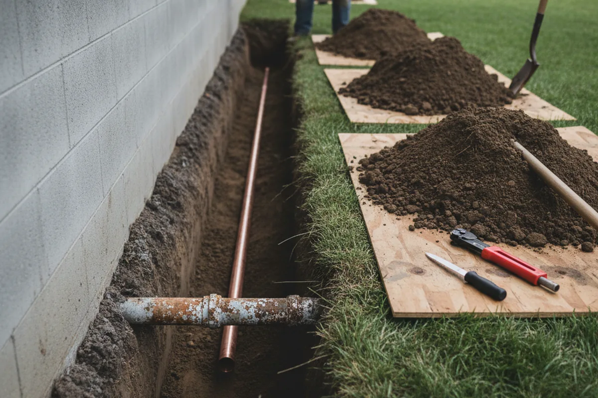 Excavated water line trench during Water Softener Installation in Versailles